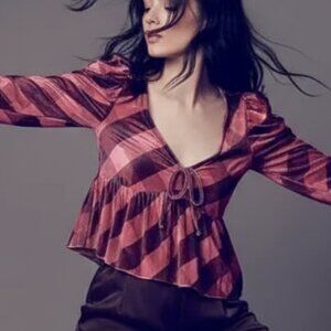 NWT ANTHROPOLOGIE MAEVE velvet babydoll top pink plaid L